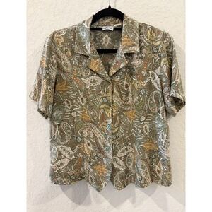 Anna Vintage Paisley Button Down Shirt Short Sleeve Green Earthy Top Womens